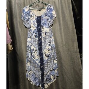 Style & Co. Floral Print Midi Dress Crochet‎ Trim Casual Blue Size M